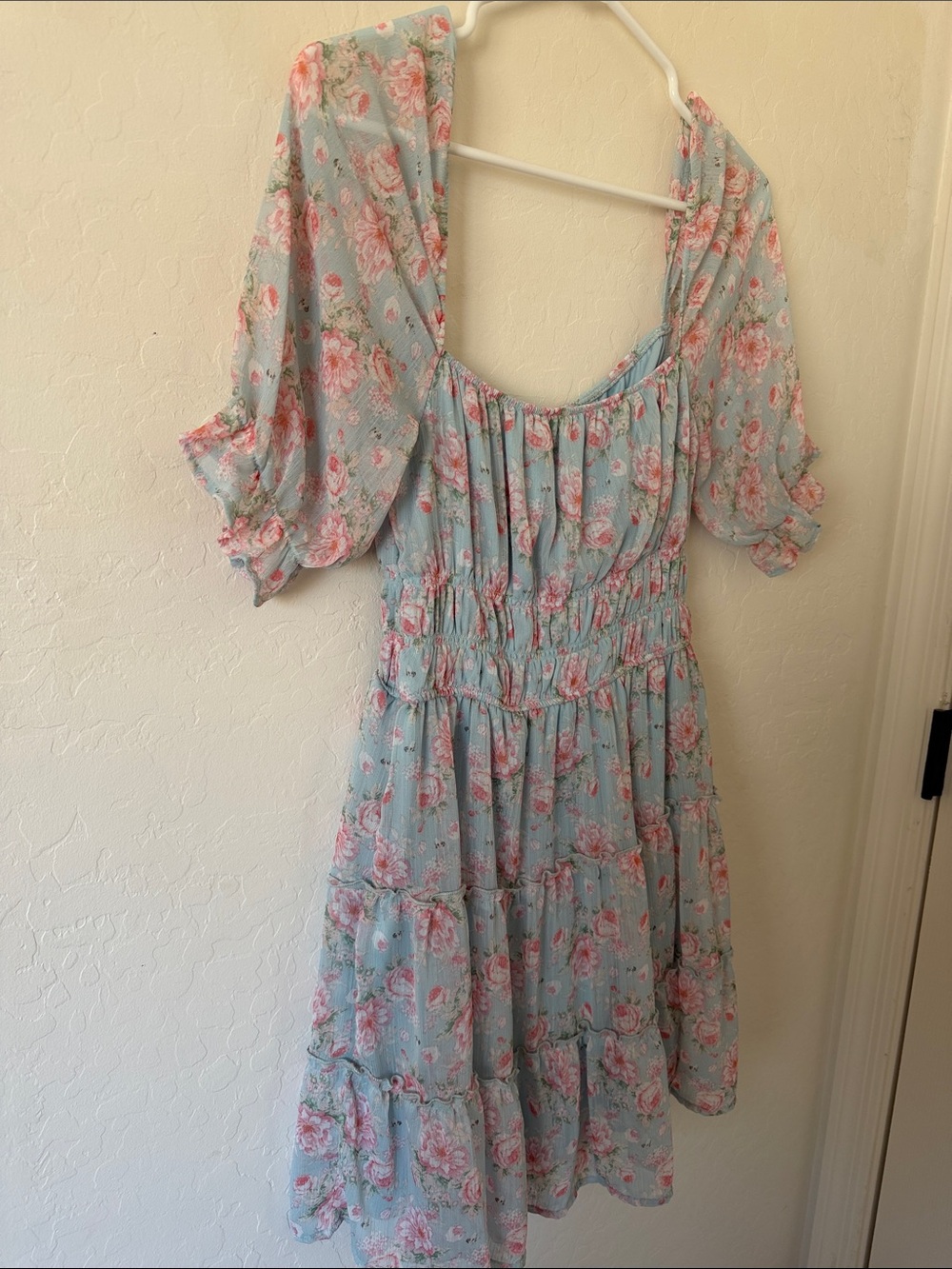 Blue Floral Midi Dress with Pink Roses - Picture 6 of 7